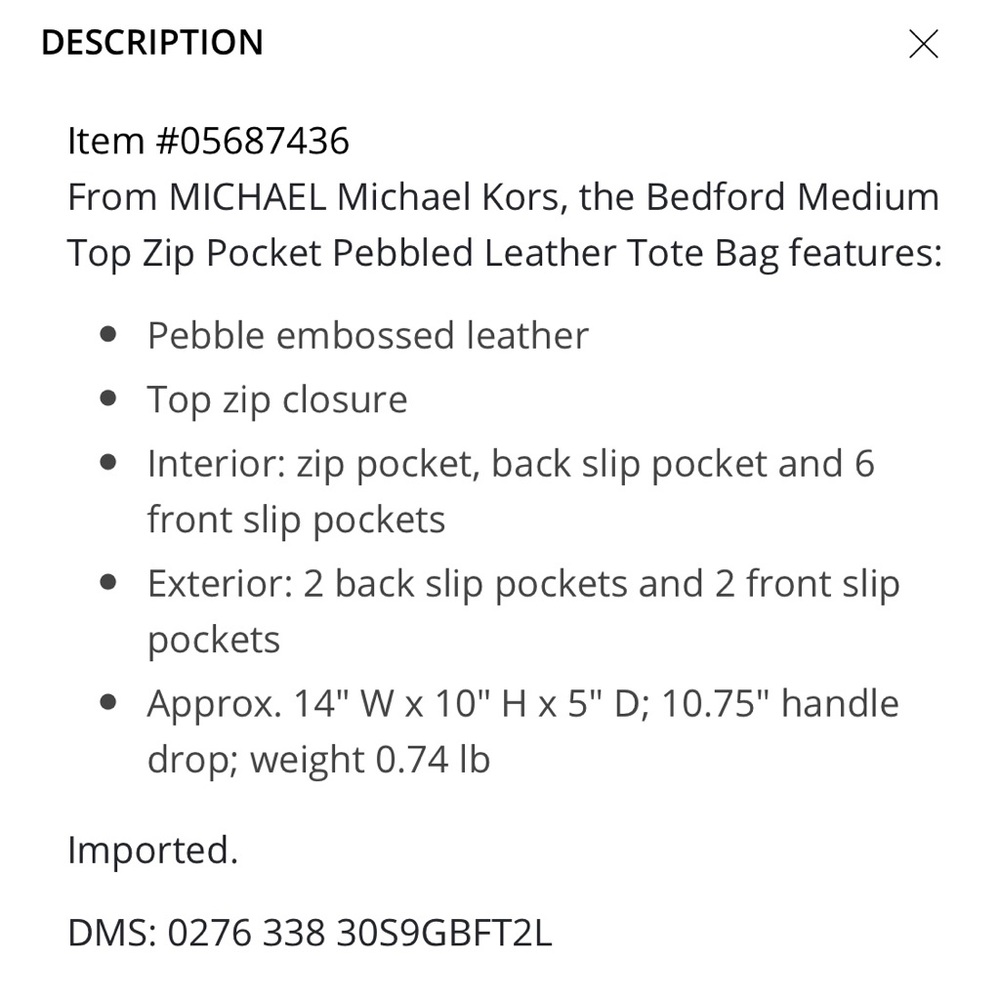 NEW! MK Bedford Medium Top Zip Pocket Leather Tote - Picture 10 of 12